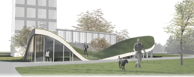 The undulating green roof creates a walkable public landscape, connecting architecture, nature, and community.