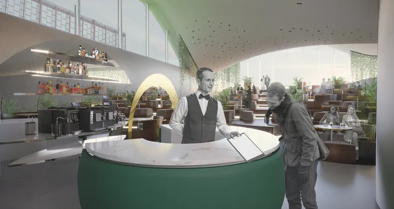 The central coffee bar acts as the heart of the café, offering visual connections across the multifunctional interior.