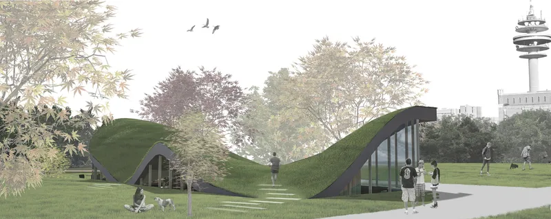 A sculptural pavilion nestled within the park, seamlessly merging green infrastructure with contemporary café architecture.