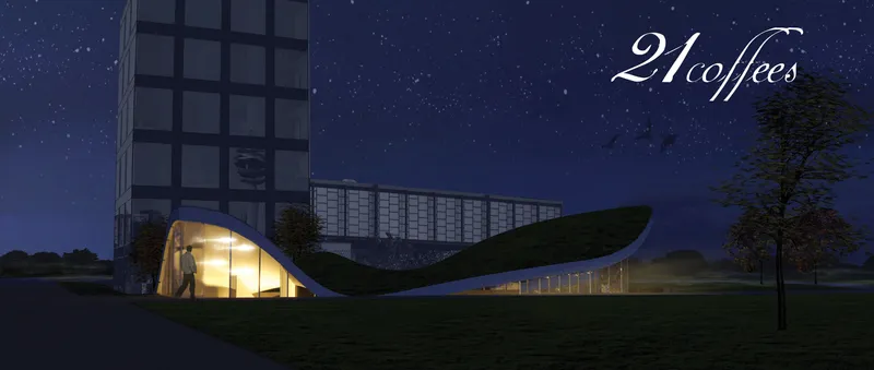 21coffees emerging from the landscape, where a flowing green roof transforms a café into an extension of the surrounding park.