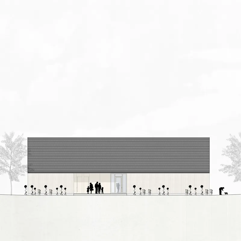 Elevation drawing of a long gabled barn with vertical siding, people, planted beds and flanking trees