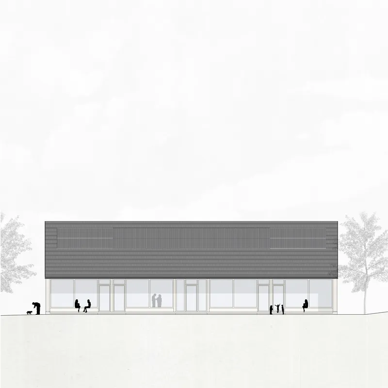 Elevation drawing showing a long single-story building with glazed facade and dark corrugated roof with silhouetted figures and trees