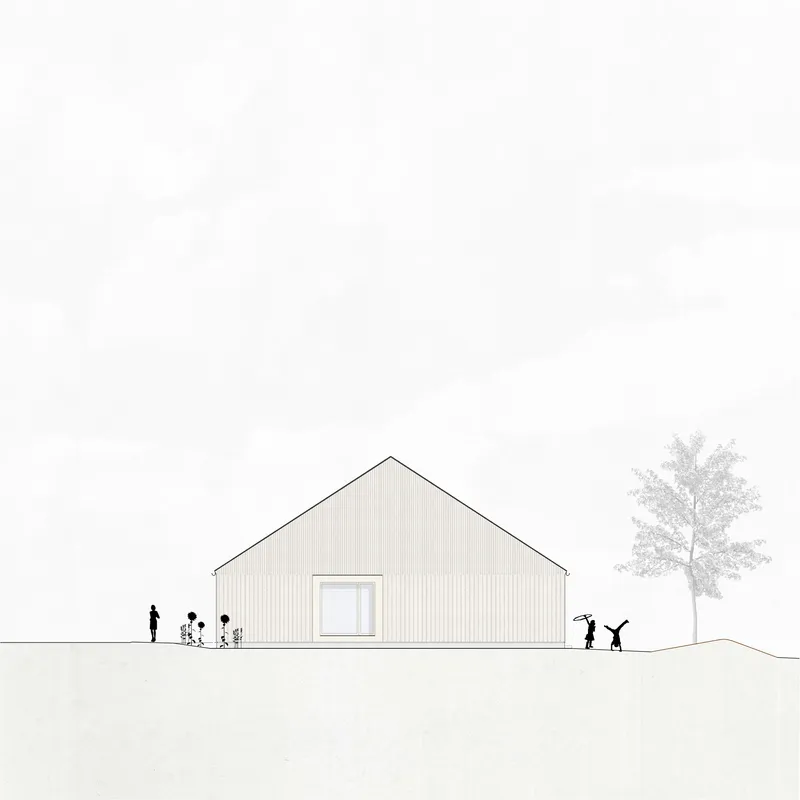 Elevation drawing of a gable-roofed volume with vertical cladding and a single square window with figures and vegetation