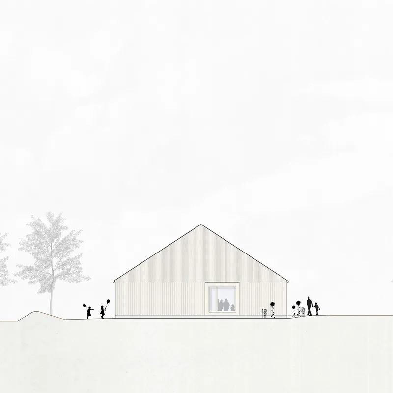 Elevation drawing of a gable-roofed volume with vertical cladding and a centered window showing silhouetted figures inside and outside