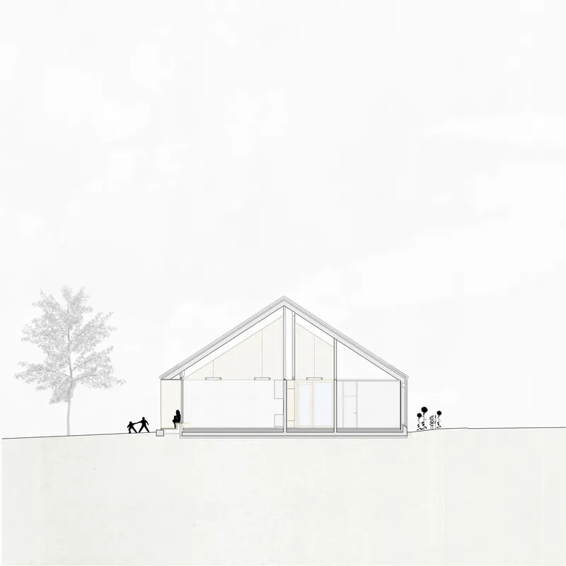 Section drawing revealing gabled volume with exposed timber structure and figures beneath a tree