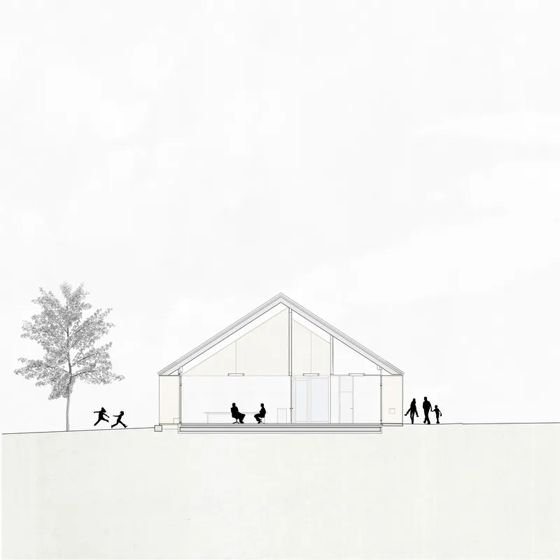Section drawing showing interior activities under gabled roof with families walking on either side