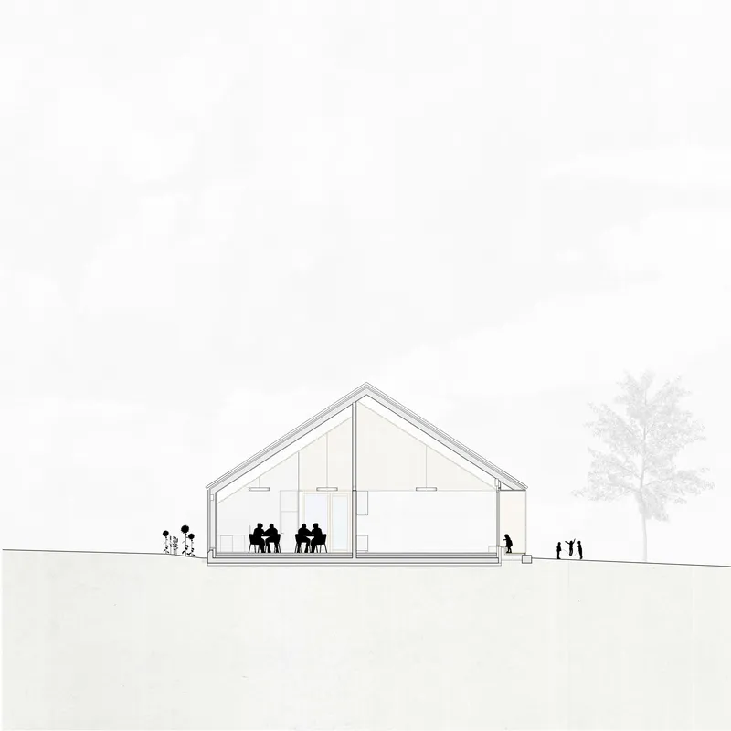 Section drawing of a gabled pavilion with people seated inside and figures beside a tree