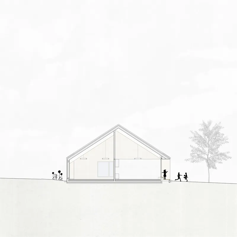 Section drawing of a gabled pavilion with running children and a tree in the foreground