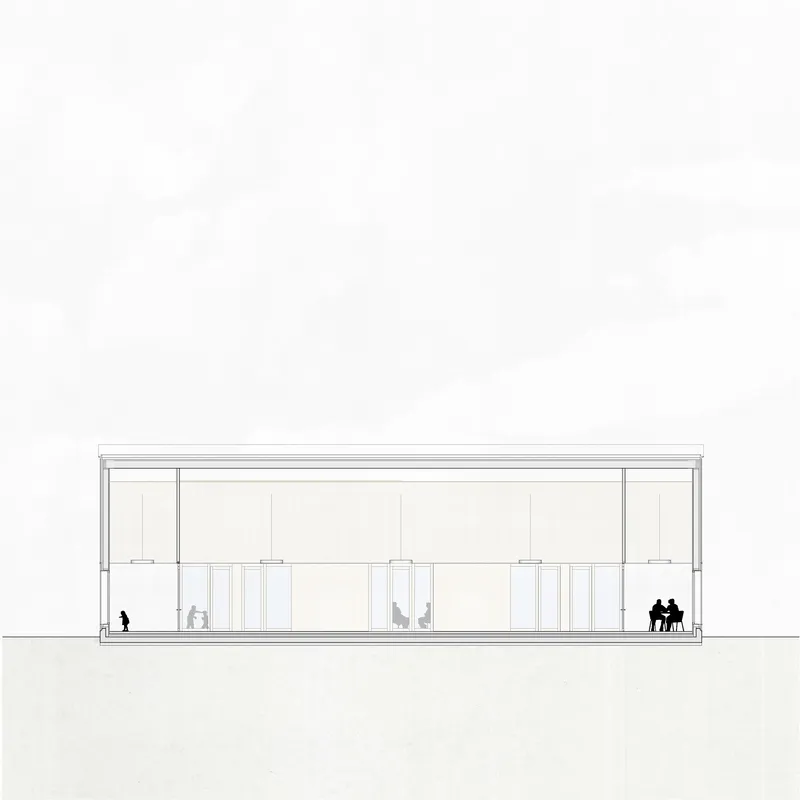 Section drawing of a flat-roofed pavilion with glazing and figures distributed across the interior