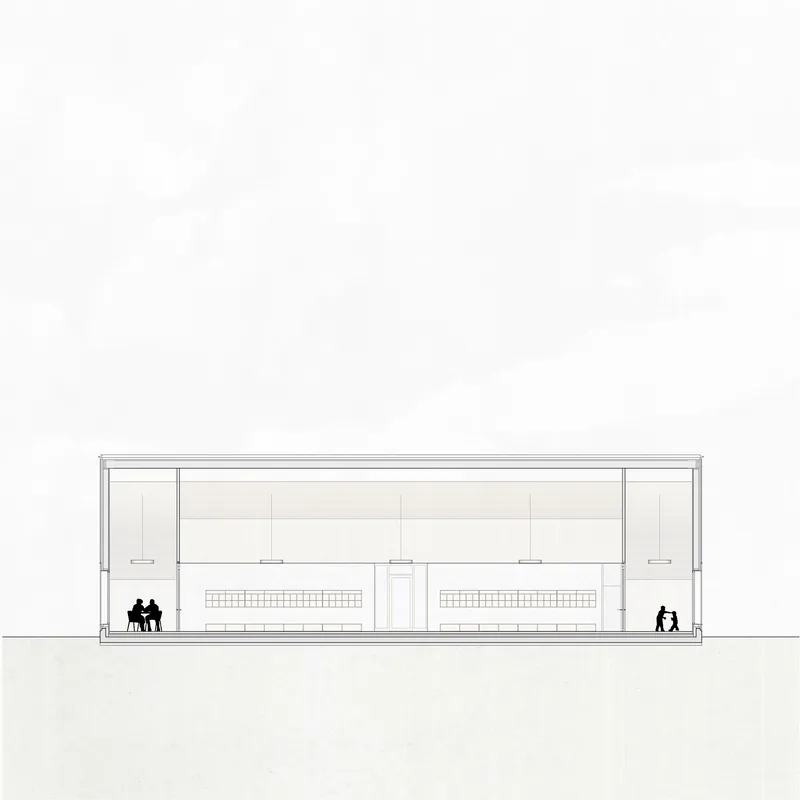 Section drawing of a flat-roofed pavilion showing two interior bays with tiered seating