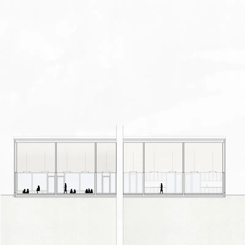 Section drawing showing two connected pavilion volumes with figures and tiered seating in one bay
