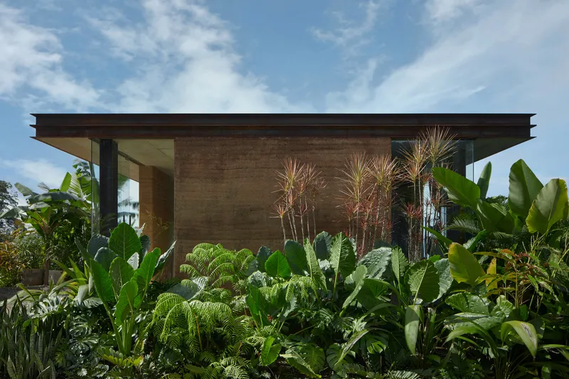 Rammed earth facade with tall ornamental grasses backed by banana plants under a flat timber overhang