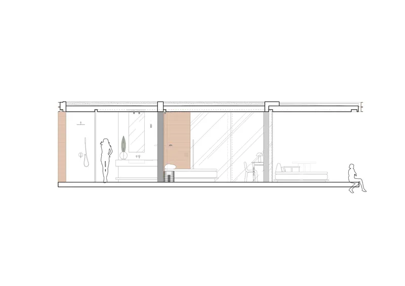 Section drawing revealing bathroom, bedroom, and living spaces with human figures for scale
