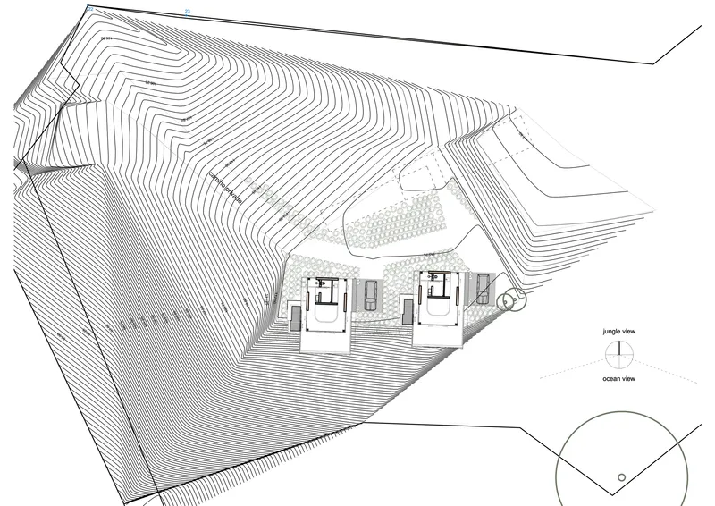 Site plan drawing showing two rectangular volumes nestled into contoured topography