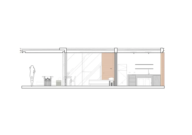 Section drawing depicting kitchen and living areas with timber cladding and glass partitions