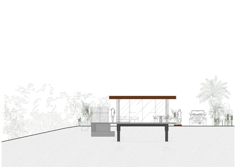 Section drawing showing the elevated timber pavilion with palm trees and sloping ground