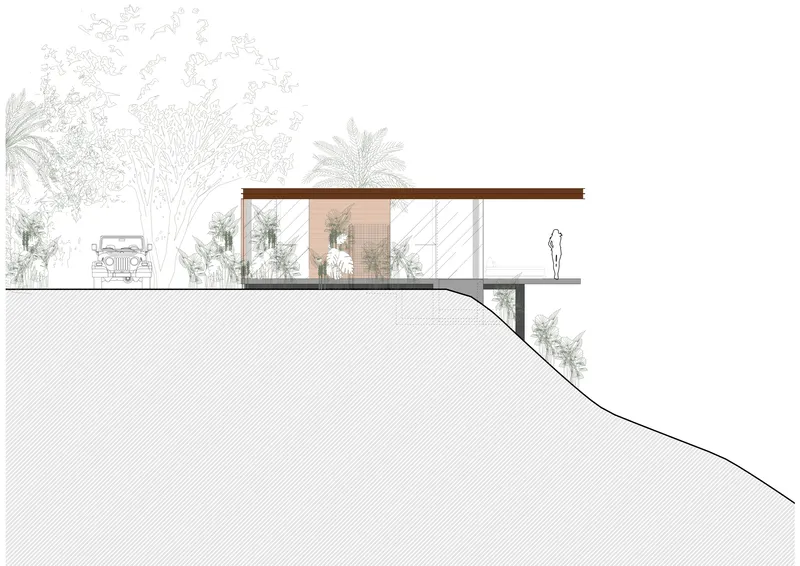 Section drawing showing a flat-roofed pavilion perched on a sloped hillside with surrounding trees and a vehicle