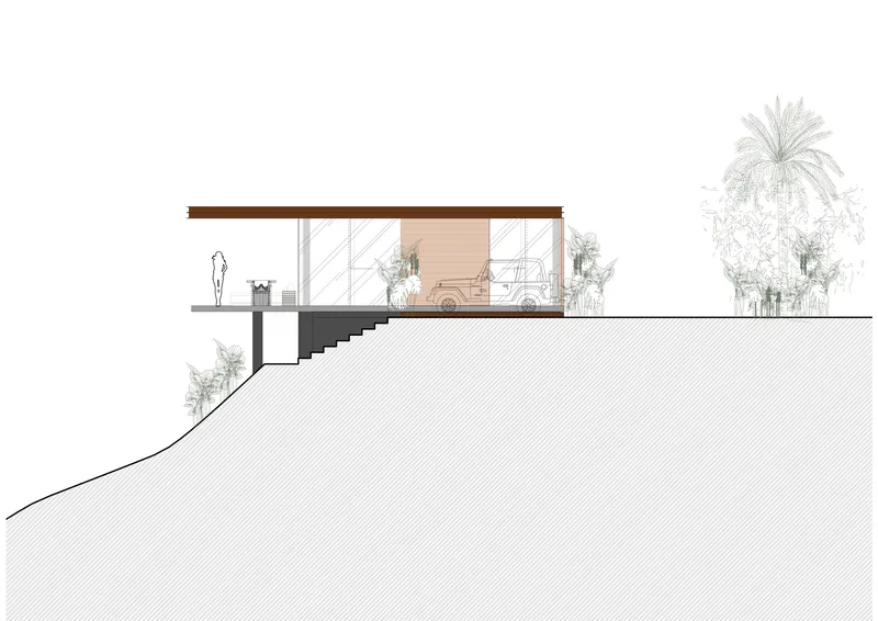 Section drawing revealing the stepped interior levels and cantilevered terrace extending from the hillside structure