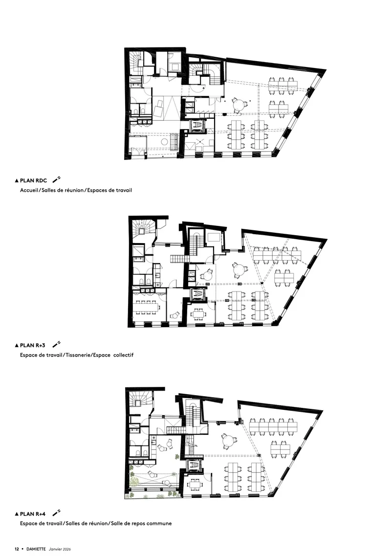 Three stacked floor plans showing office layouts with workstations, meeting rooms, and angled exterior walls