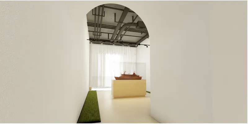 Transitional gallery corridor framing the museum’s immersive arrival experience above the Adriatic Sea.