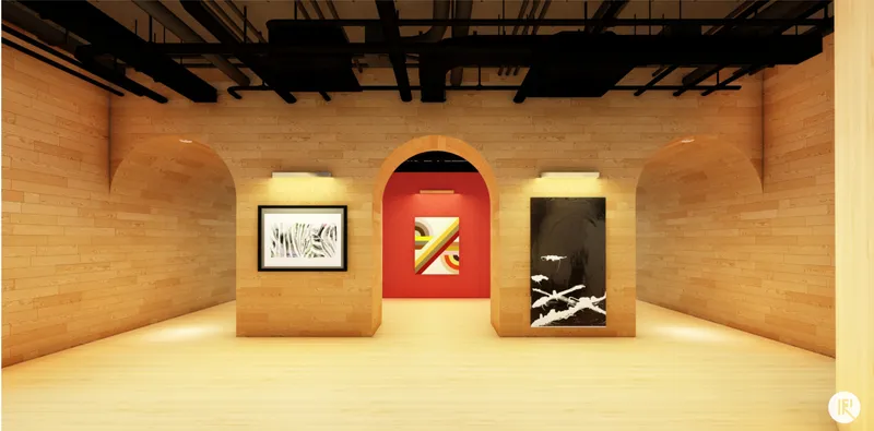 Warm timber-clad gallery space blending contemporary art with adaptive architecture principles.