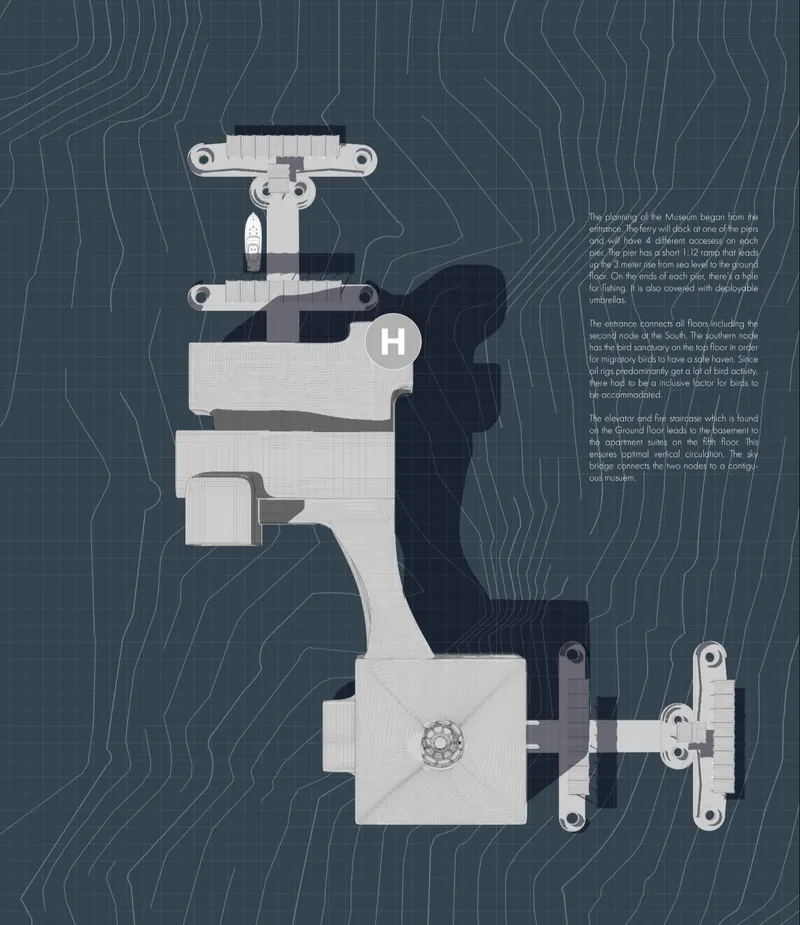 Master plan of Ridare illustrating the transformation of a decommissioned oil rig into a floating cultural hub.
