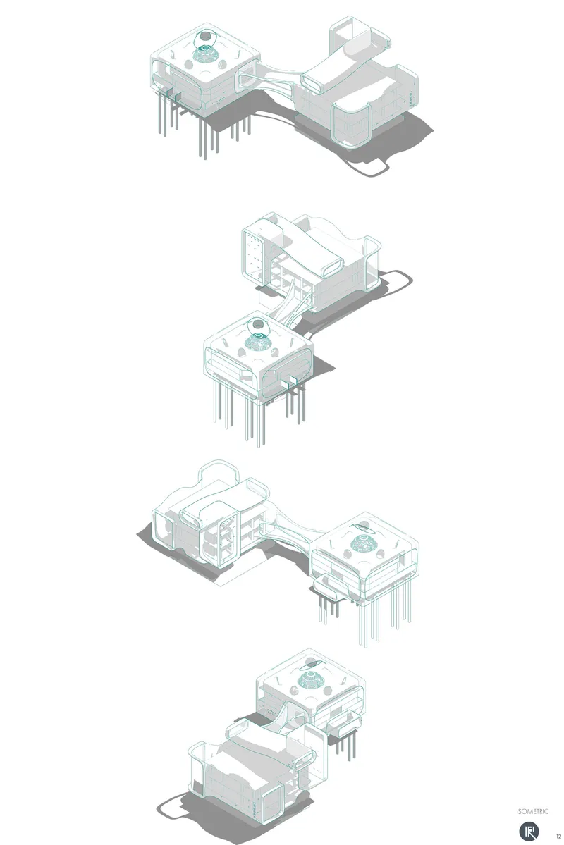 Isometric architectural diagrams showcasing the interconnected spatial systems of the adaptive offshore structure.