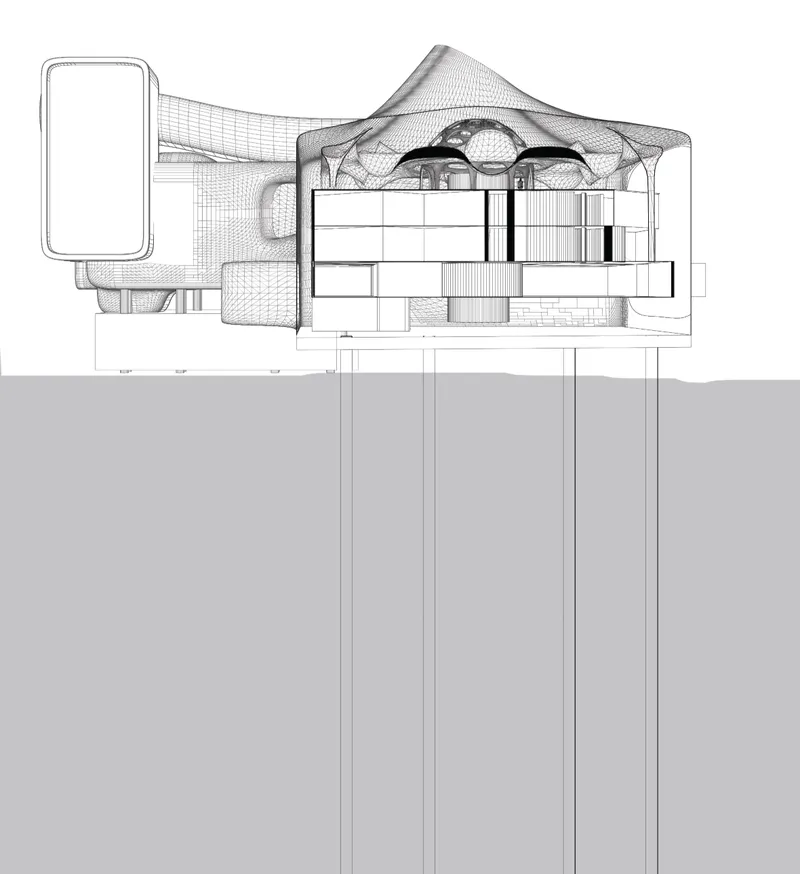 Sectional drawing revealing the layered spatial organization and structural adaptation of the floating museum.