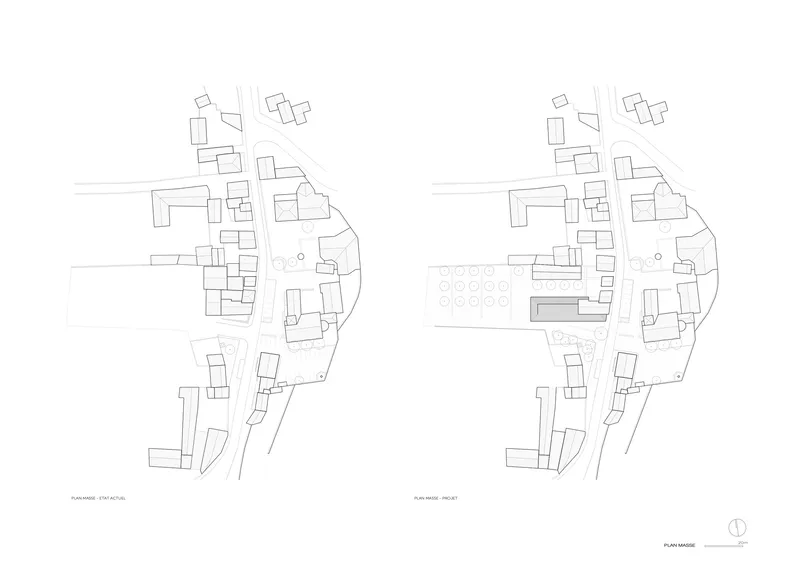 Site plan drawing showing existing and proposed building footprints within a curved boundary