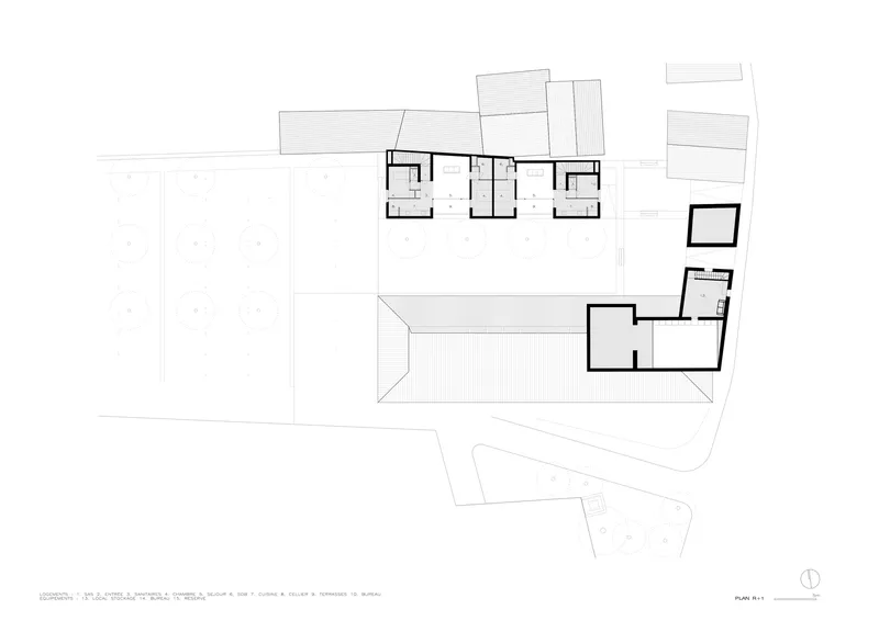 Floor plan drawing showing upper level rooms distributed across separate building volumes