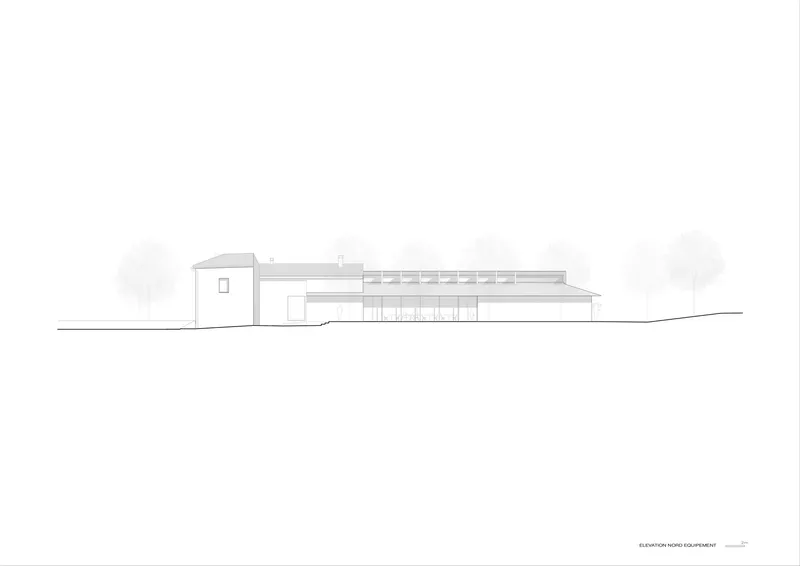 North elevation drawing showing a low horizontal volume with a tower element and surrounding trees
