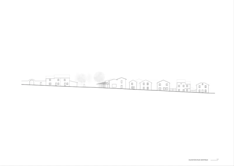 Central elevation drawing depicting a row of residential volumes along a sloping site with trees