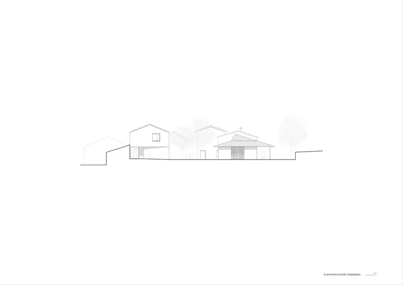 West elevation drawing showing clustered gabled volumes with varying heights and fenestration