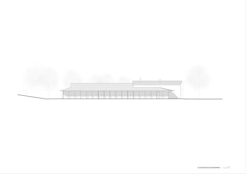 South elevation drawing showing a long glazed facade with regular bays and trees flanking