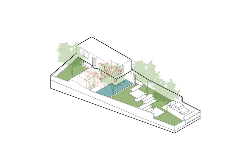 Axonometric drawing showing stepped courtyard sequence with pool and planted zones