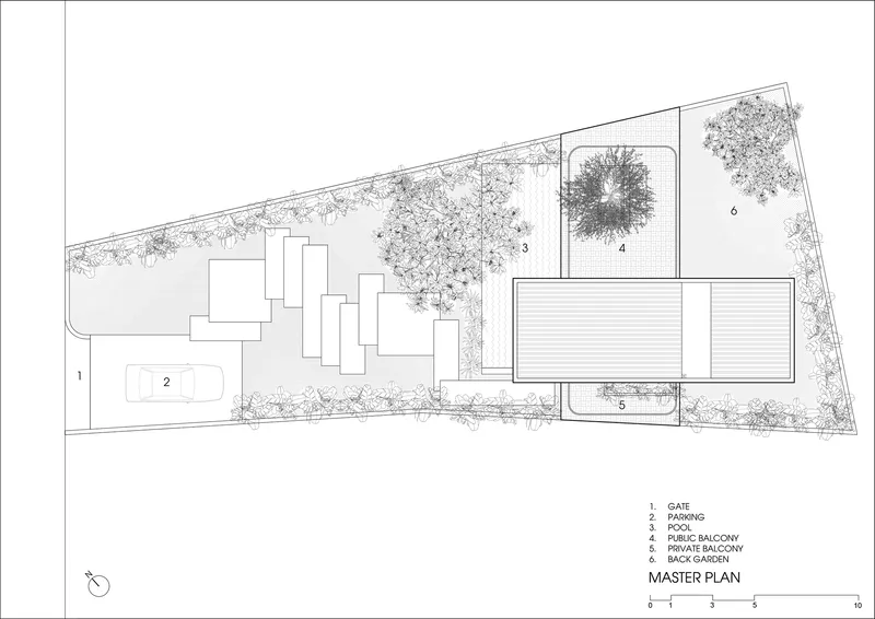 Master plan drawing showing site layout with pool, parking area, and landscaped perimeter
