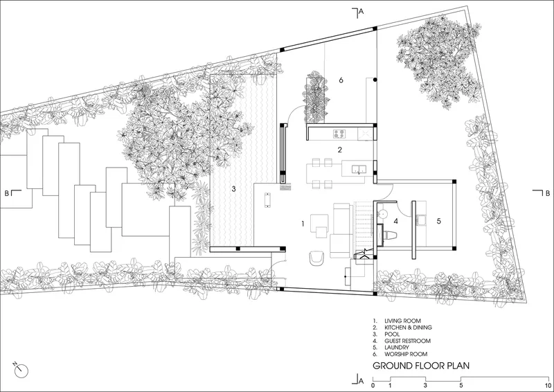 Ground floor plan drawing showing living spaces arranged around central pool courtyard