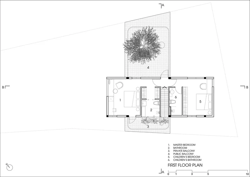 First floor plan drawing showing three bedrooms with a central stairwell and courtyard tree