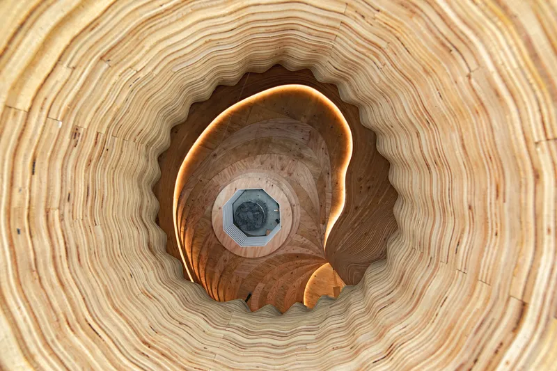 Looking up through the spiraling laminated timber ribs toward a central octagonal skylight