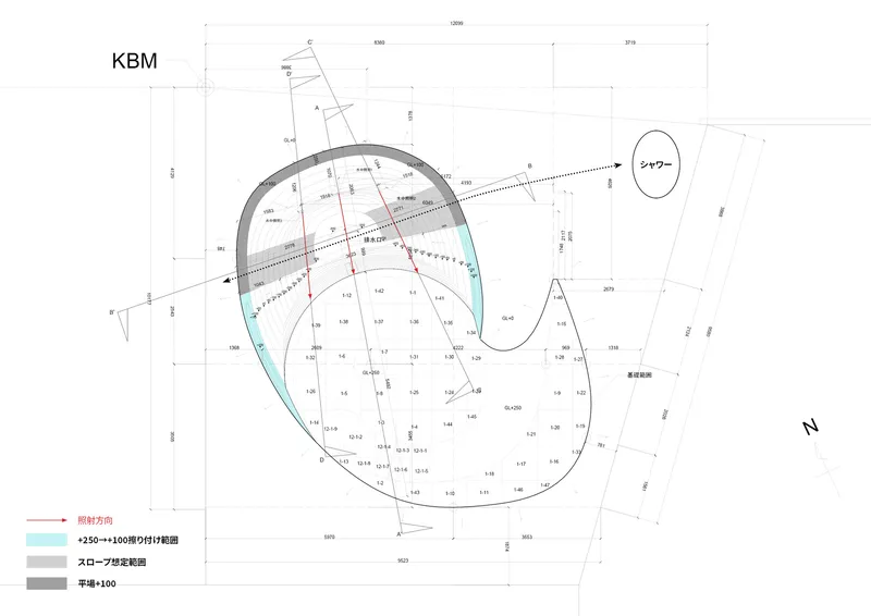 Site plan drawing with color-coded elevation zones and dimensional annotations showing a curved building footprint
