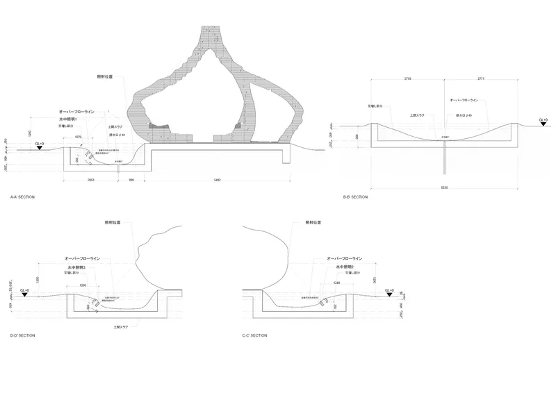 Section drawings showing the bulbous dome structure rising above a recessed base with entry ramp