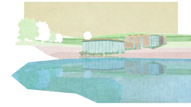 Waterfront perspective showcasing the harmony between sustainable architecture, wetlands, and wildlife rehabilitation spaces.
