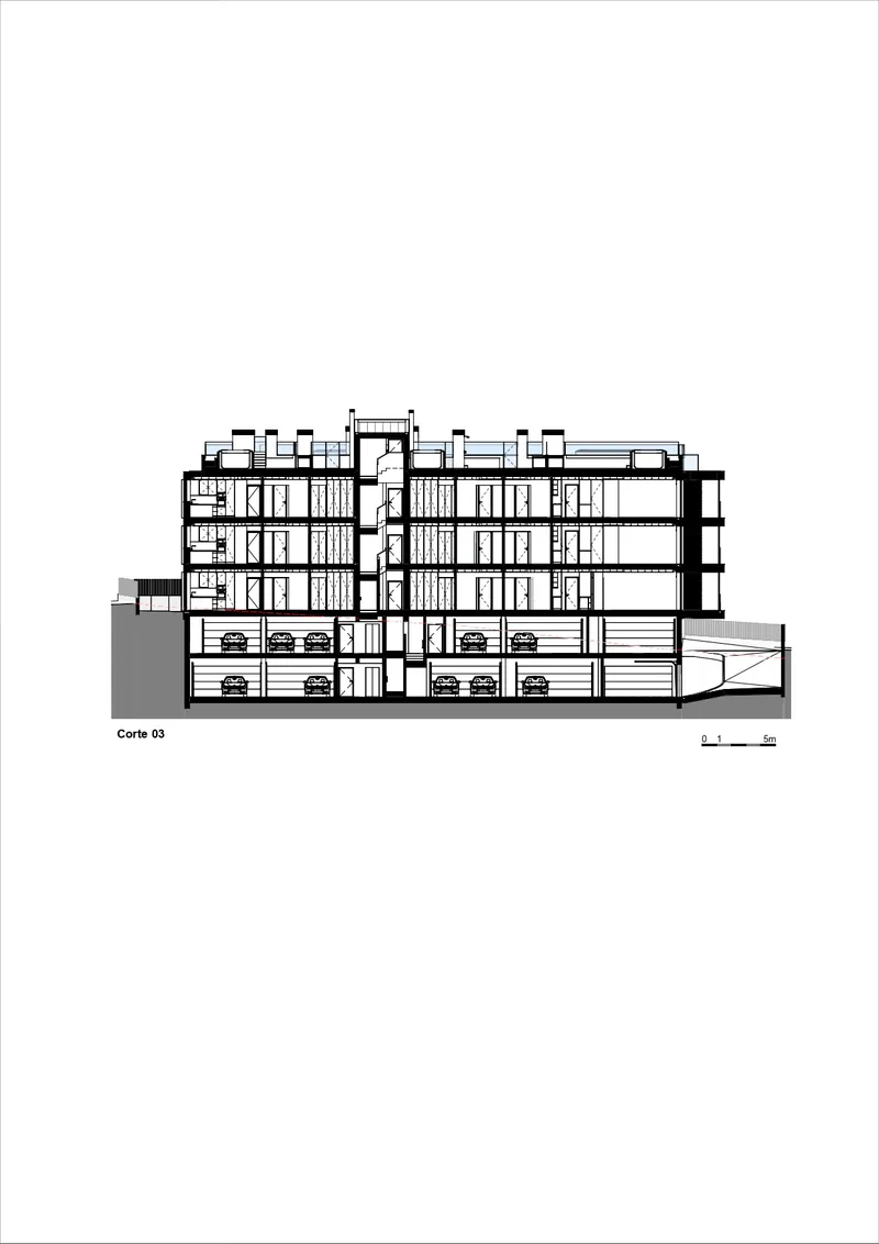 Section drawing showing a six-story residential building with basement parking and central circulation core