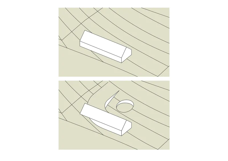 Axonometric diagrams showing the gabled volume above and the underground wing with circular opening