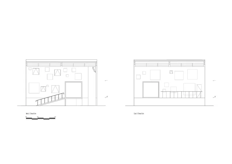 Elevation drawings showing west and east facades with window placements and stair configuration