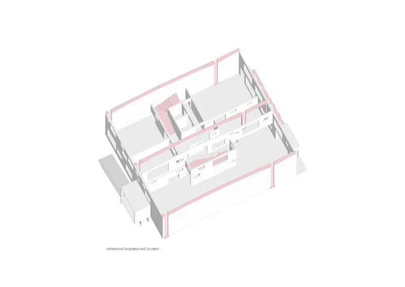 Axonometric drawing showing the structural frame with pink beams and interior partition walls