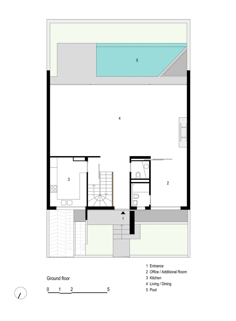Ground floor plan drawing showing entrance, office, kitchen, living dining areas and rooftop pool