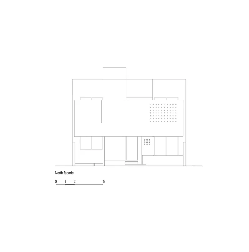 North facade elevation drawing showing stepped massing with grid of perforations on upper volume