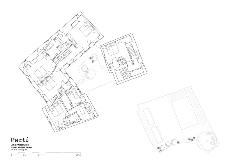 First floor plan drawing showing bathroom and bedroom layouts with adjacent garden terrace