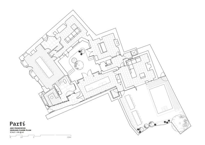 Ground floor plan drawing showing interconnected rooms arranged around a central courtyard with circular feature
